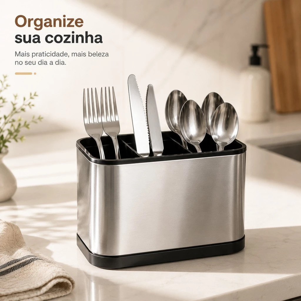 Porta Talheres Organizador em Aço Inox com Bandeja Dreno Removível