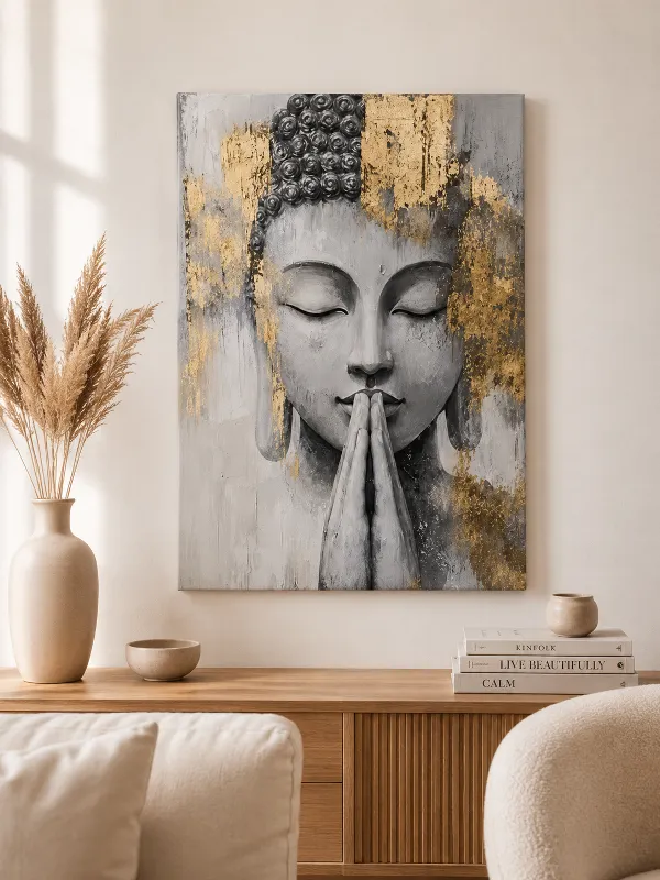 Quadro Buda Namastê em Oração Arte Contemporânea com Toque Dourado