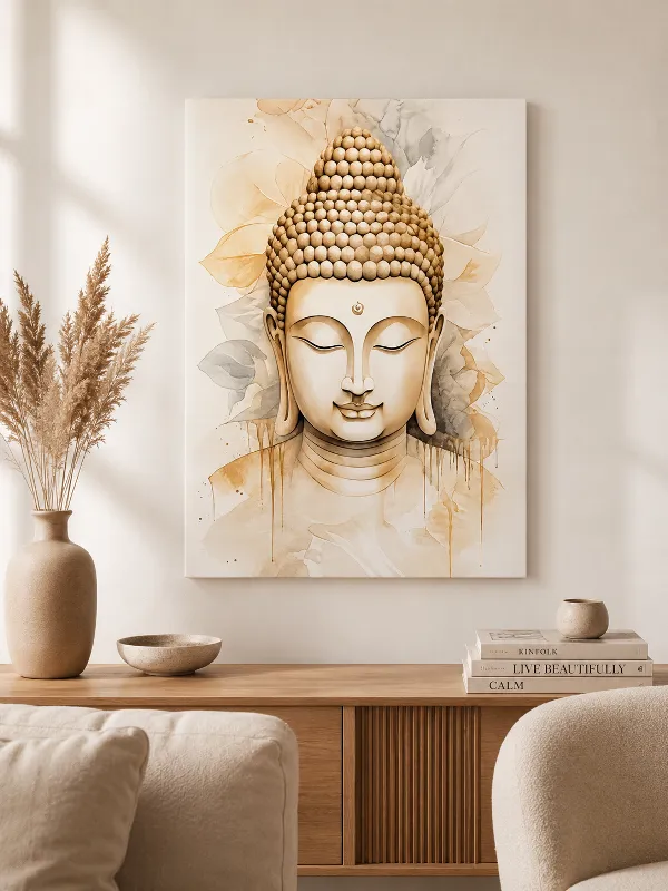 Quadro Buda Aquarela Dourada Serenidade e Paz Interior