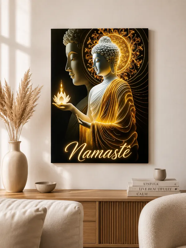 Quadro Buda Namastê Luminoso Arte Digital Espiritual com Lótus Dourado