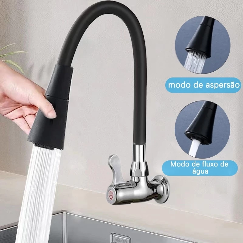 Torneira de Cozinha Flexível de Parede com Duplo Jato e Giro 360°